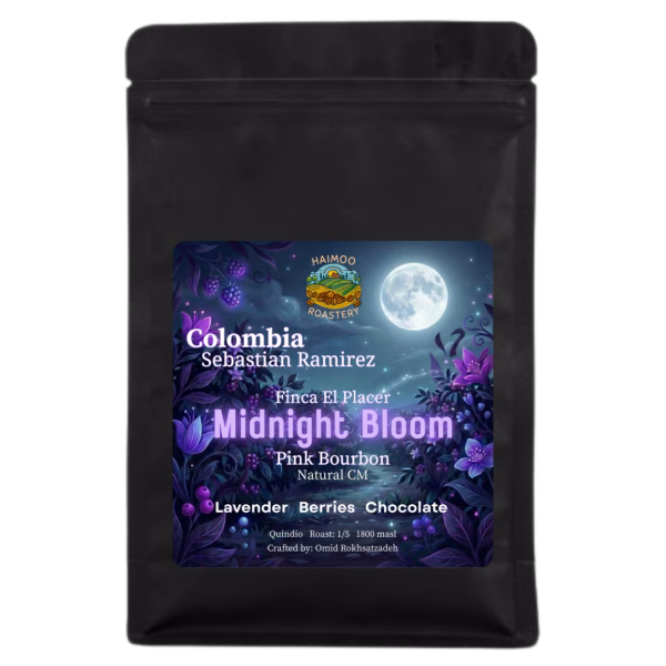 Colombia El Placer Midnight Bloom Pink Bourbon erikoiskahvi, laventelin, marjojen ja suklaan vivahteinen suodatinkahvi Haimoo Roasterylta.